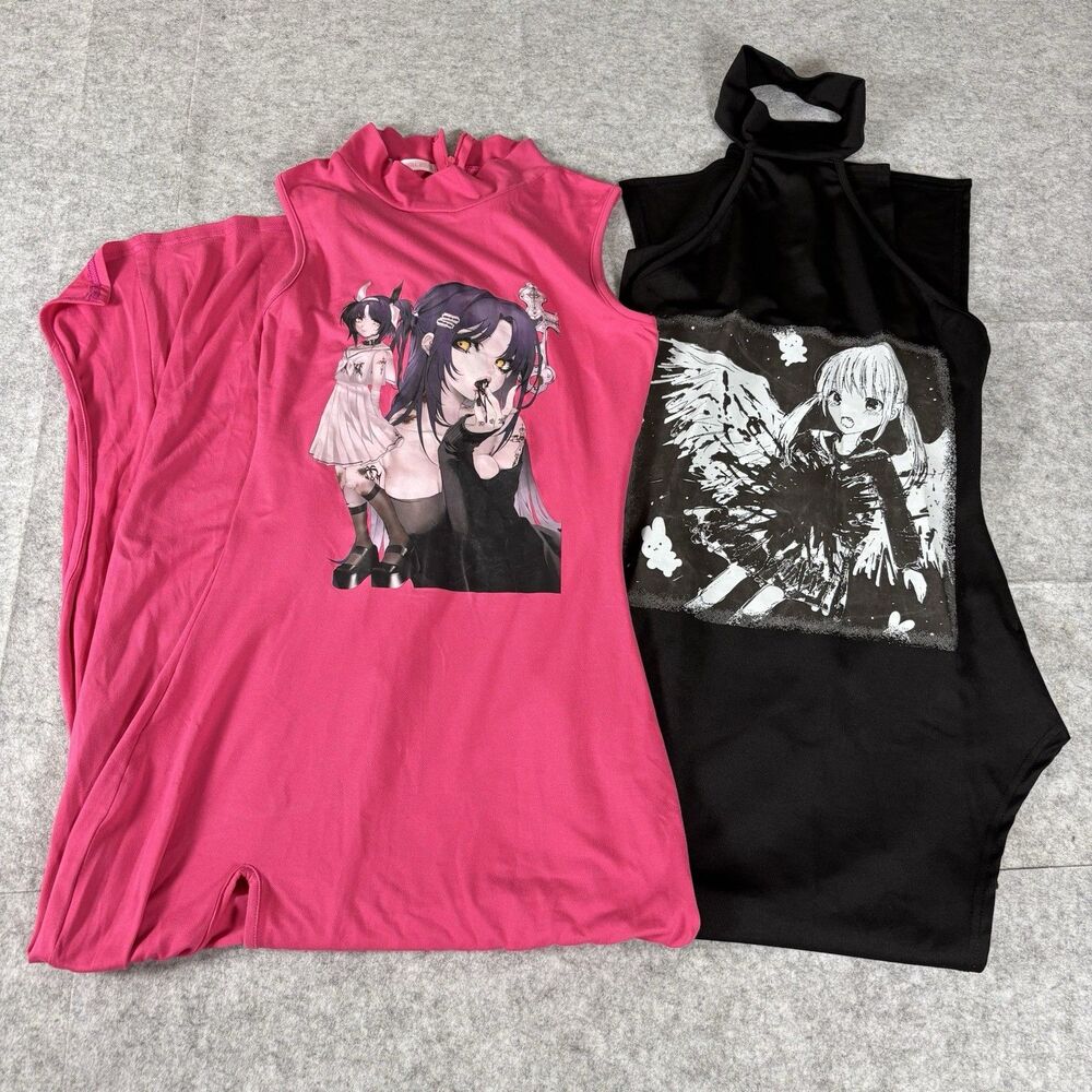 The Doll House Bodycon Maxi Anime Graphic Print Black Pink Dress Set / Lot Of 2